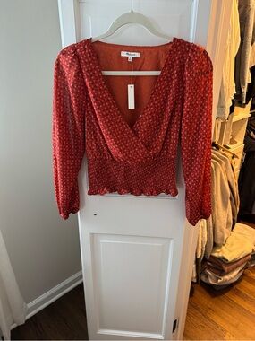 Madewell Rust Red Floral Smocked V-Neck Blouse
